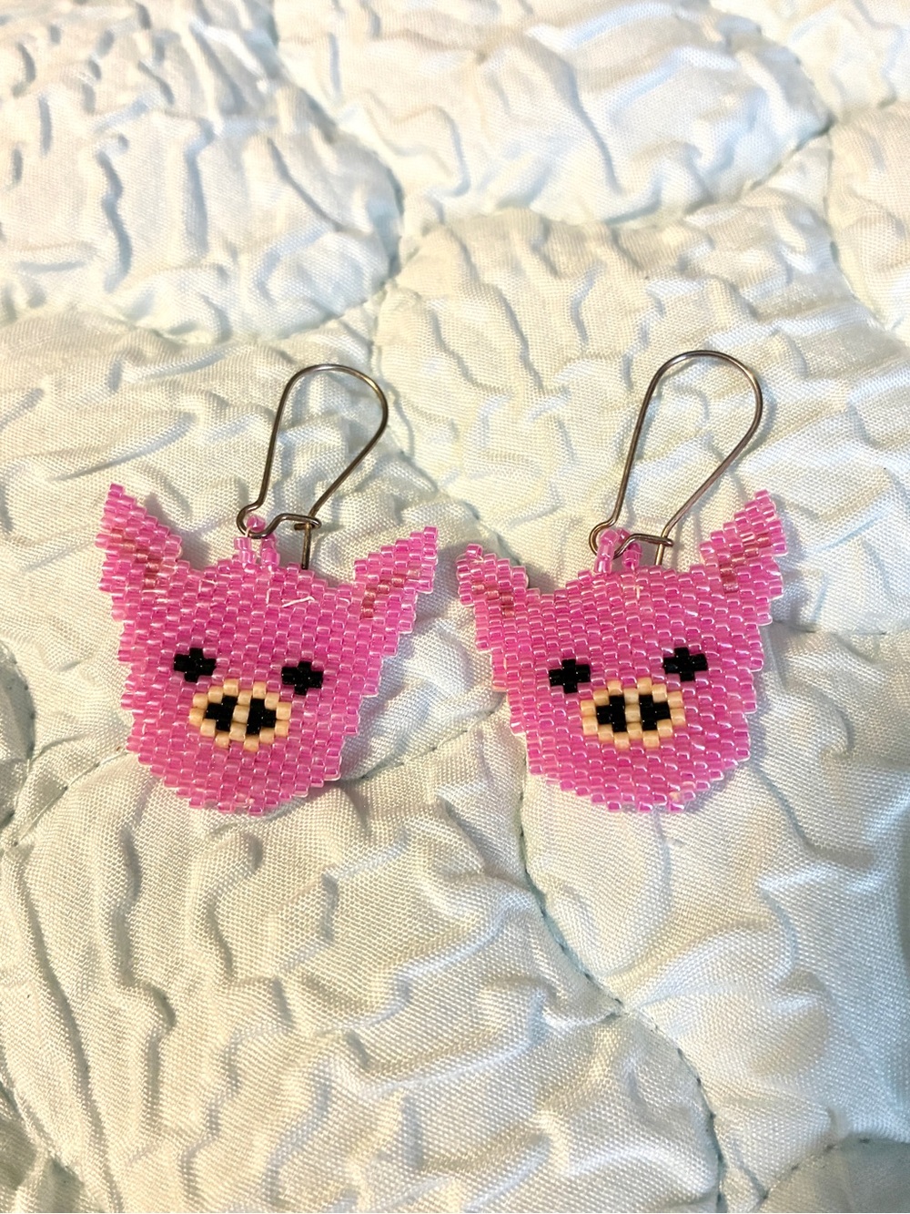 Woven Bead Pink Piglet Drop Earrings
